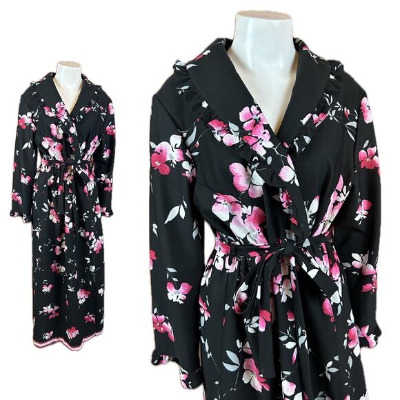 1970s Black Pink Floral Ruffled Maxi Wrap Dress / Large * - Picture 1 of 4